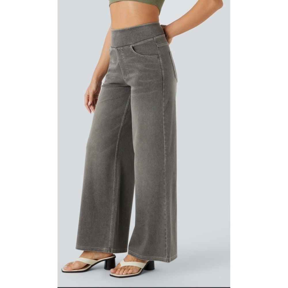 Halara Flex High Waisted Pockets Baggy Wide Leg Black Iron Gray Denim Small NWT